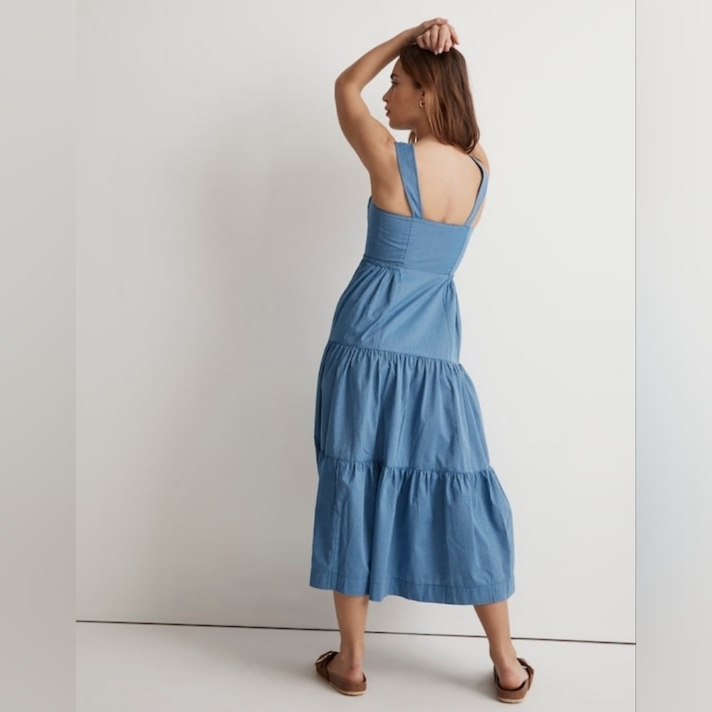 Madewell  Button-Front Tiered Midi Dress in Stripe Size 0 Cerulean Blue - Picture 3 of 11